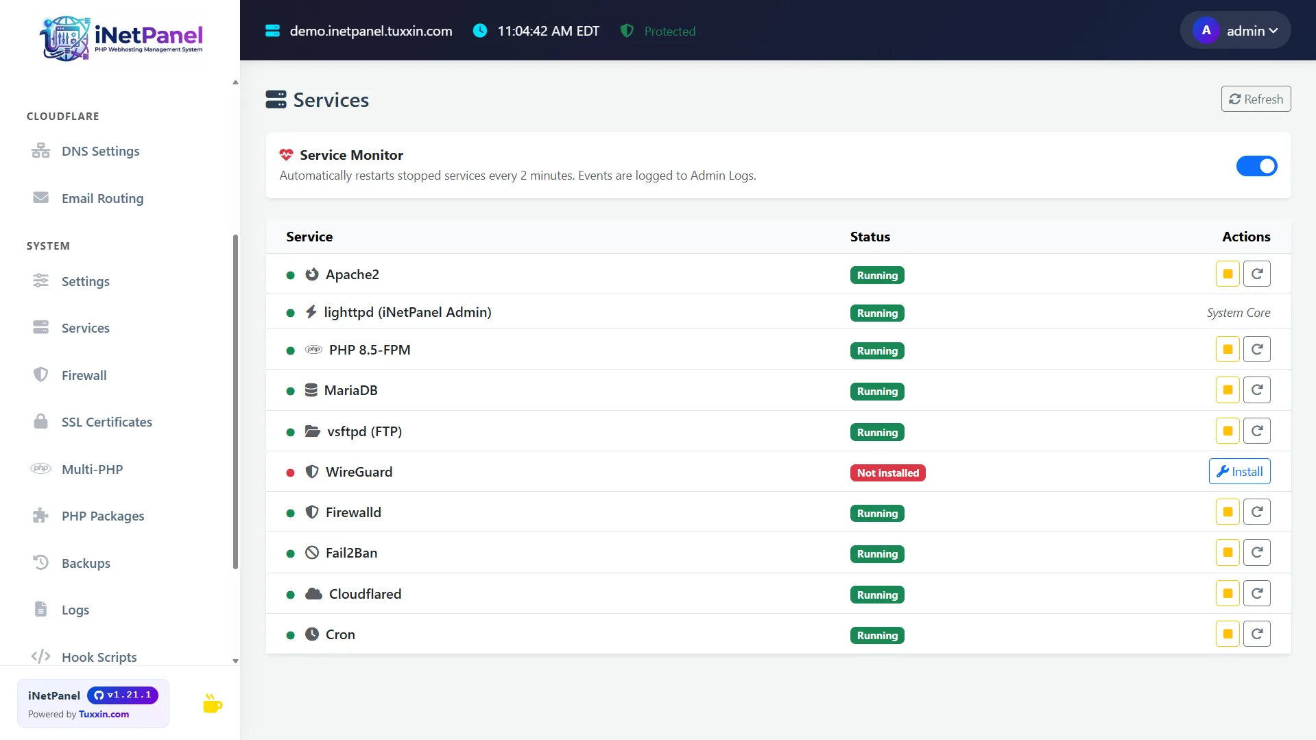 Service manager showing running services